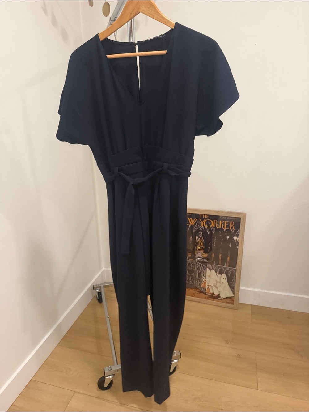 Zara Dark Navy V-Neck Wrap Jumpsuit with Waist Tie